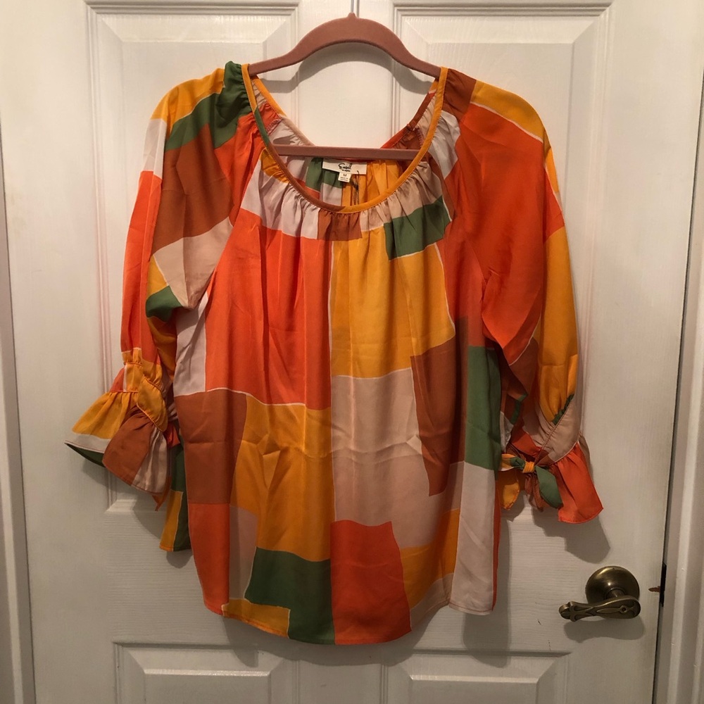 easel blouse colorblock lightweight boho peasant 3/4 sleeve orange caramel green - Picture 2 of 9